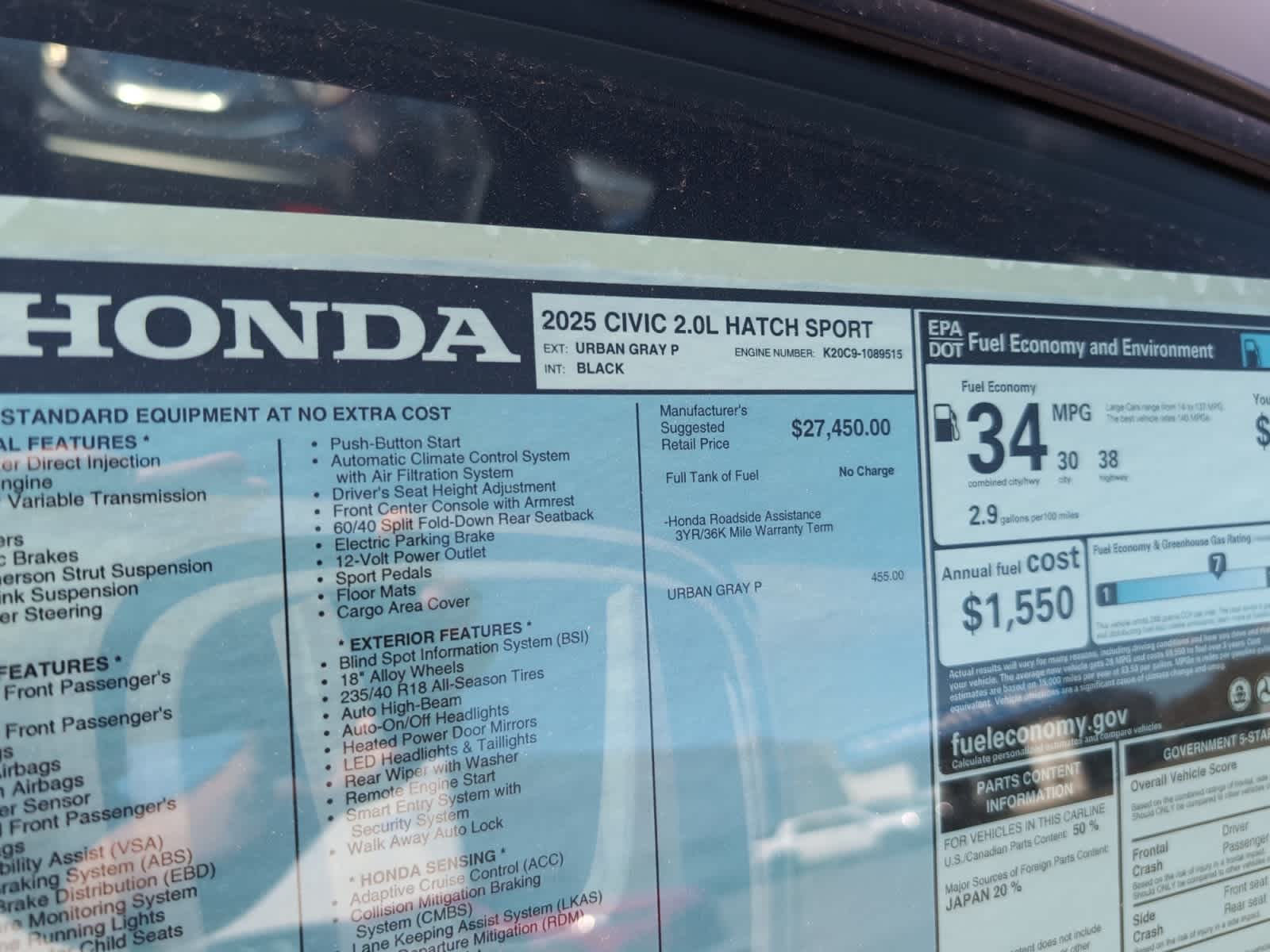 new 2025 Honda Civic car, priced at $29,055
