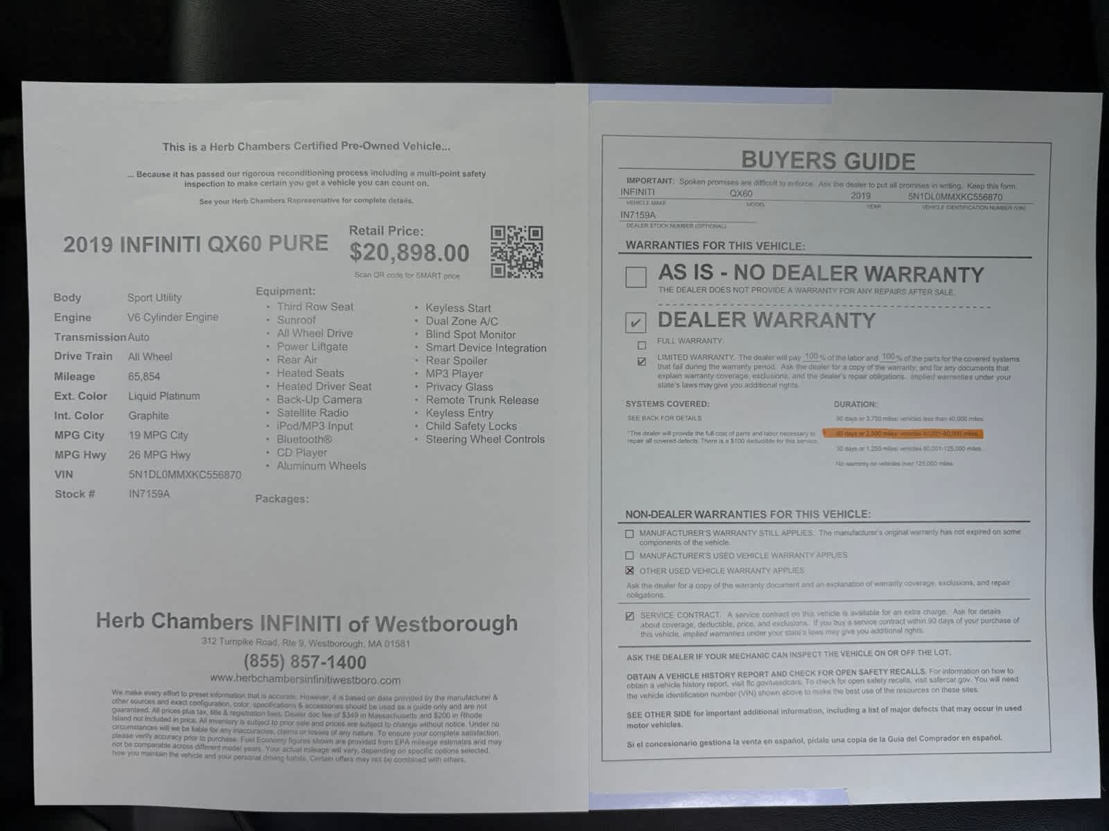 used 2019 INFINITI QX60 car, priced at $20,898