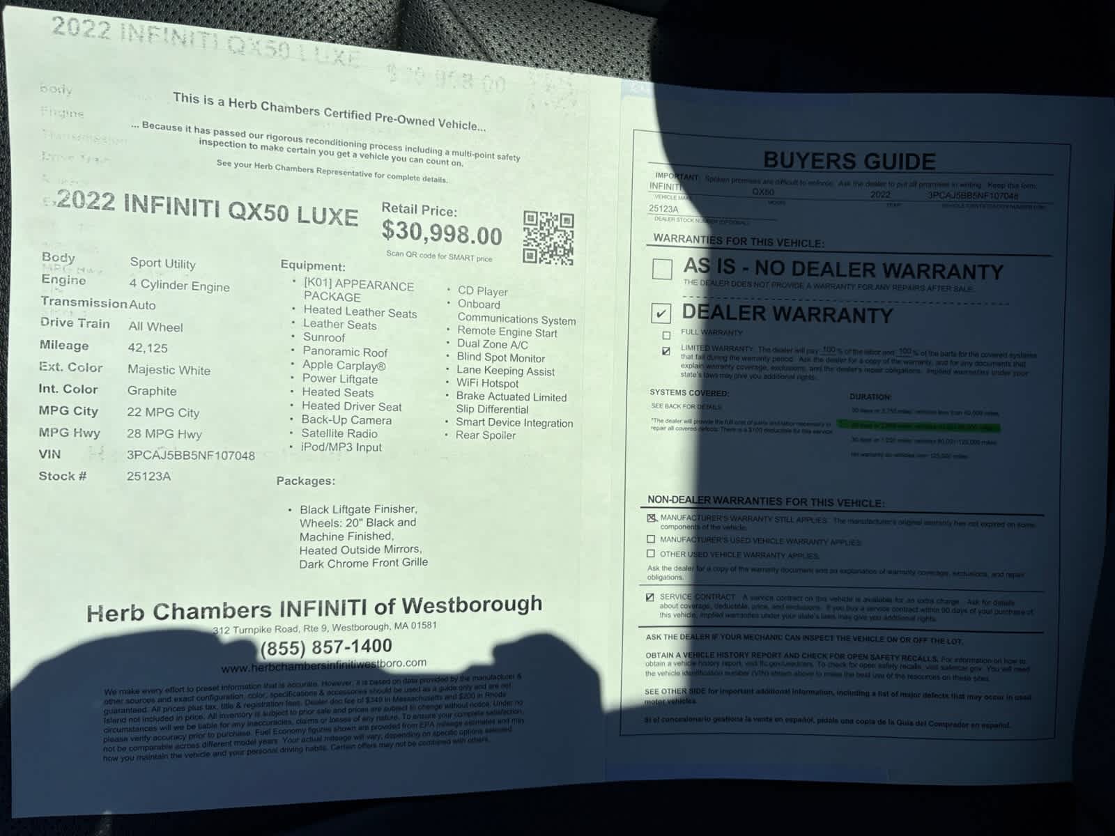 used 2022 INFINITI QX50 car, priced at $30,998