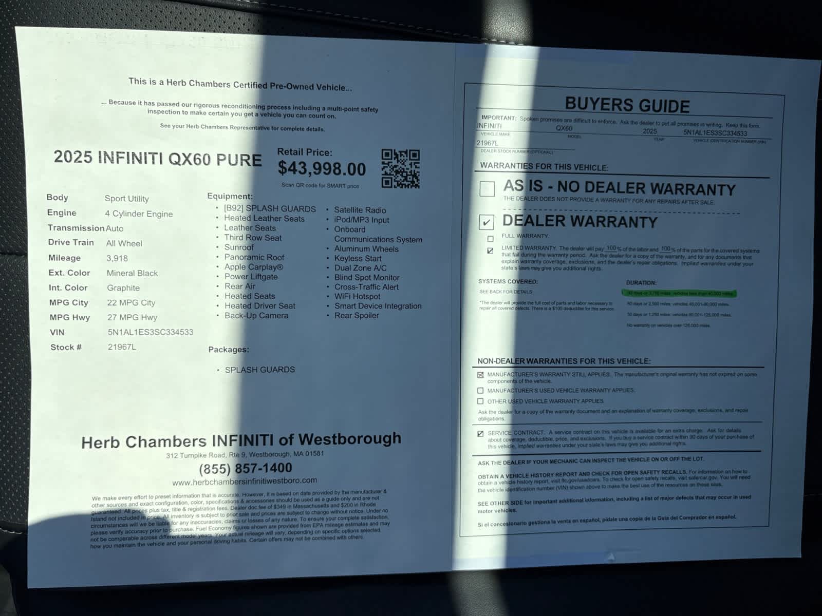 used 2025 INFINITI QX60 car, priced at $41,998