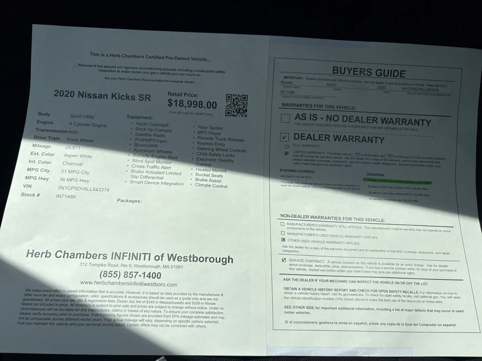 used 2020 Nissan Kicks car, priced at $18,998