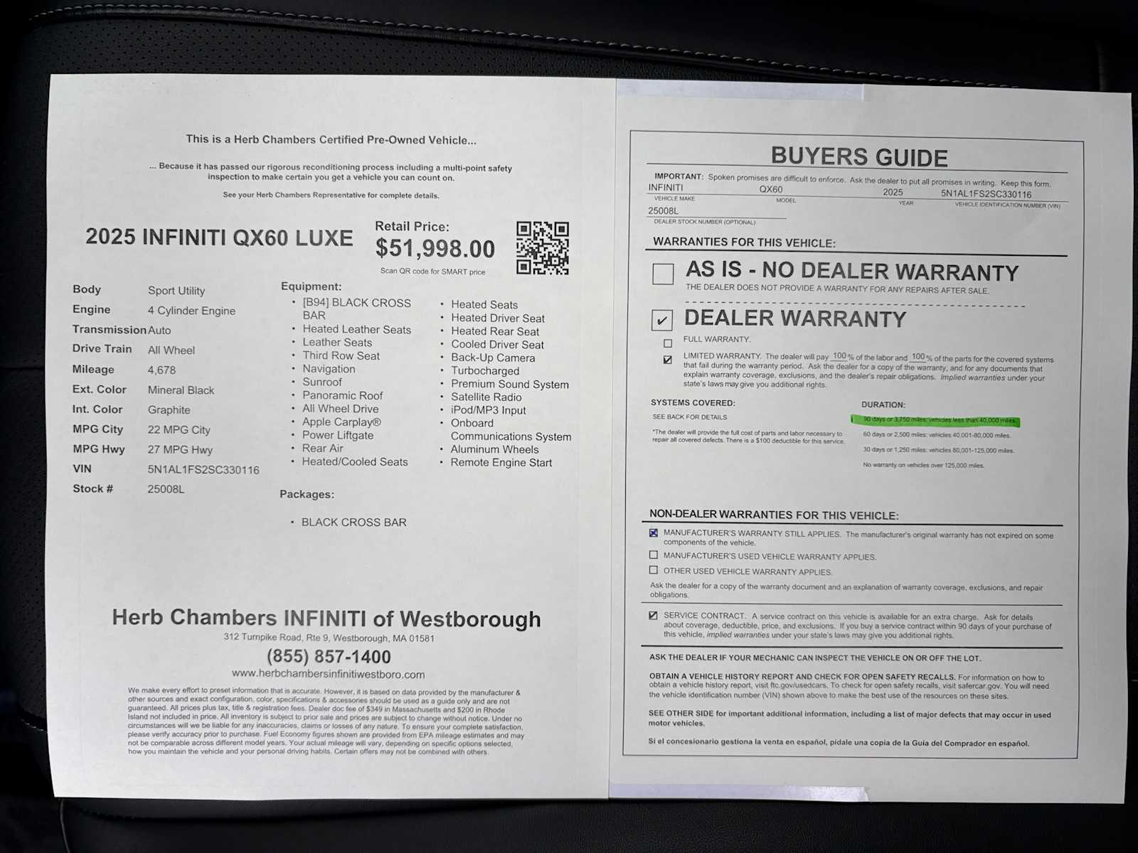 used 2025 INFINITI QX60 car, priced at $50,998