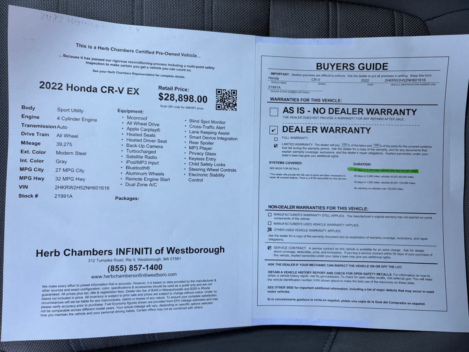 used 2022 Honda CR-V car, priced at $28,298