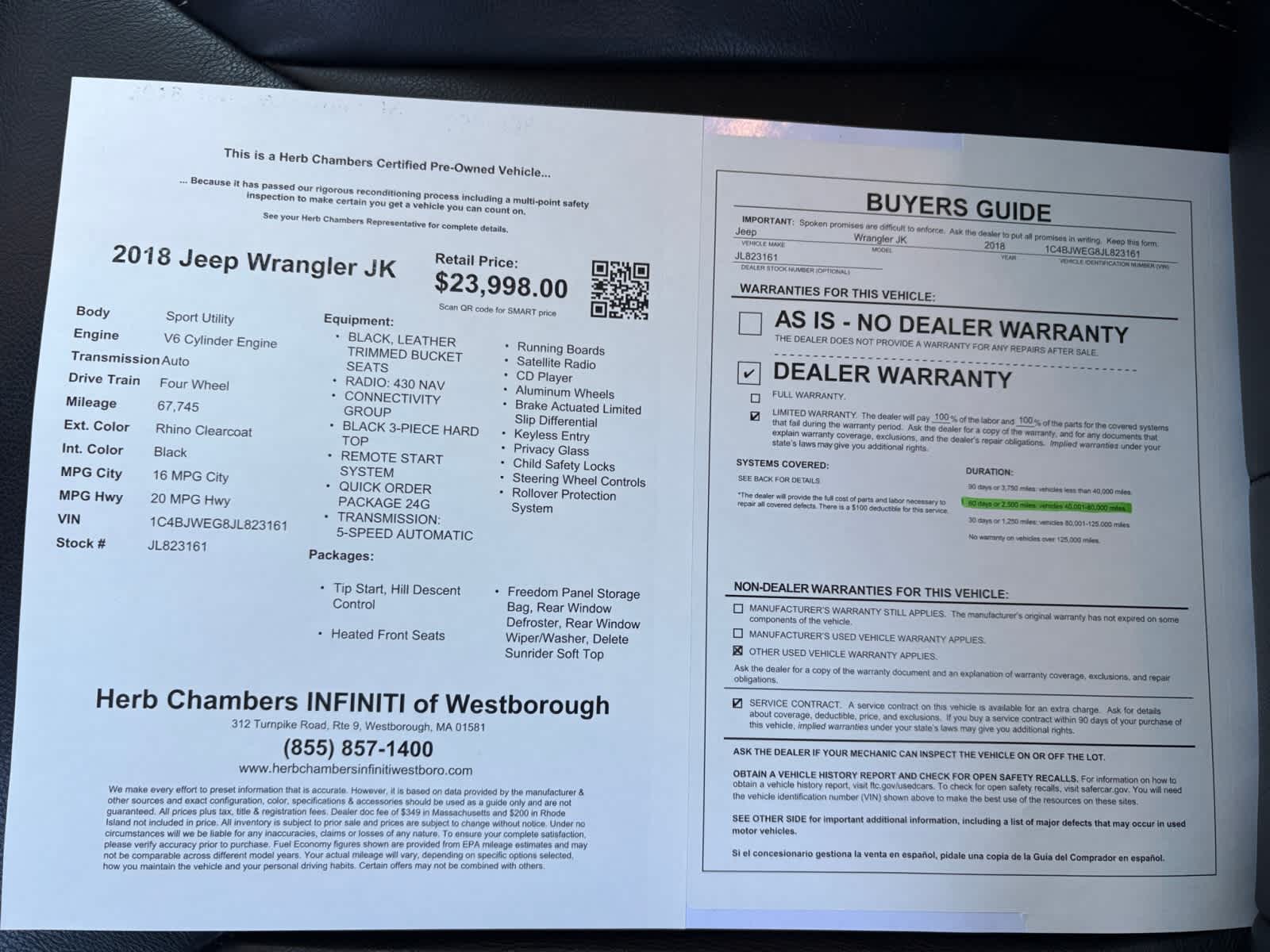 used 2018 Jeep Wrangler JK car, priced at $23,498