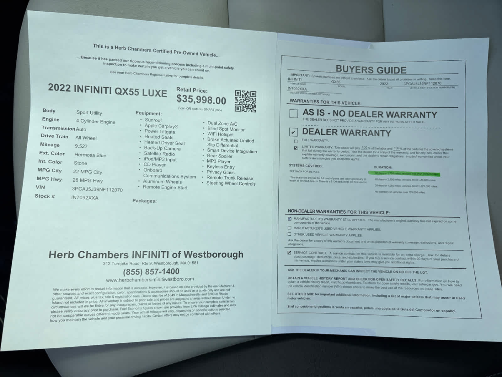 used 2022 INFINITI QX55 car, priced at $35,998