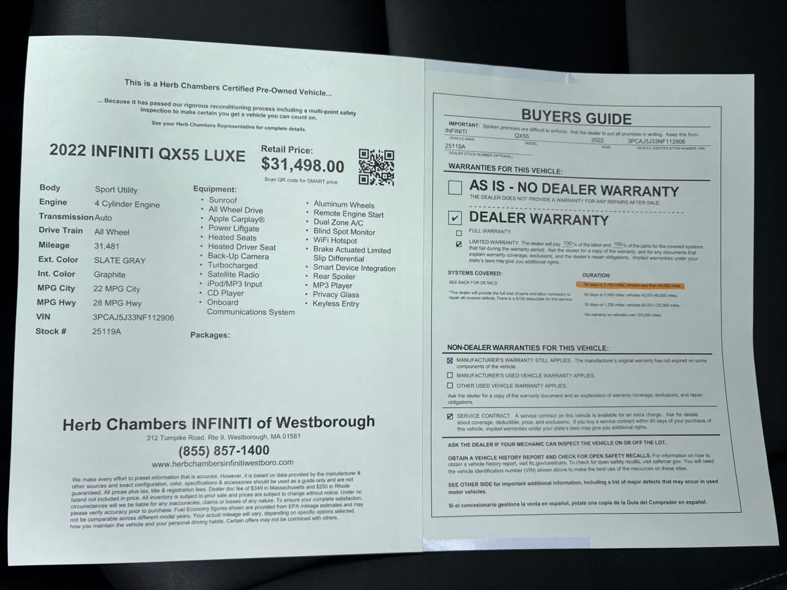 used 2022 INFINITI QX55 car, priced at $30,898