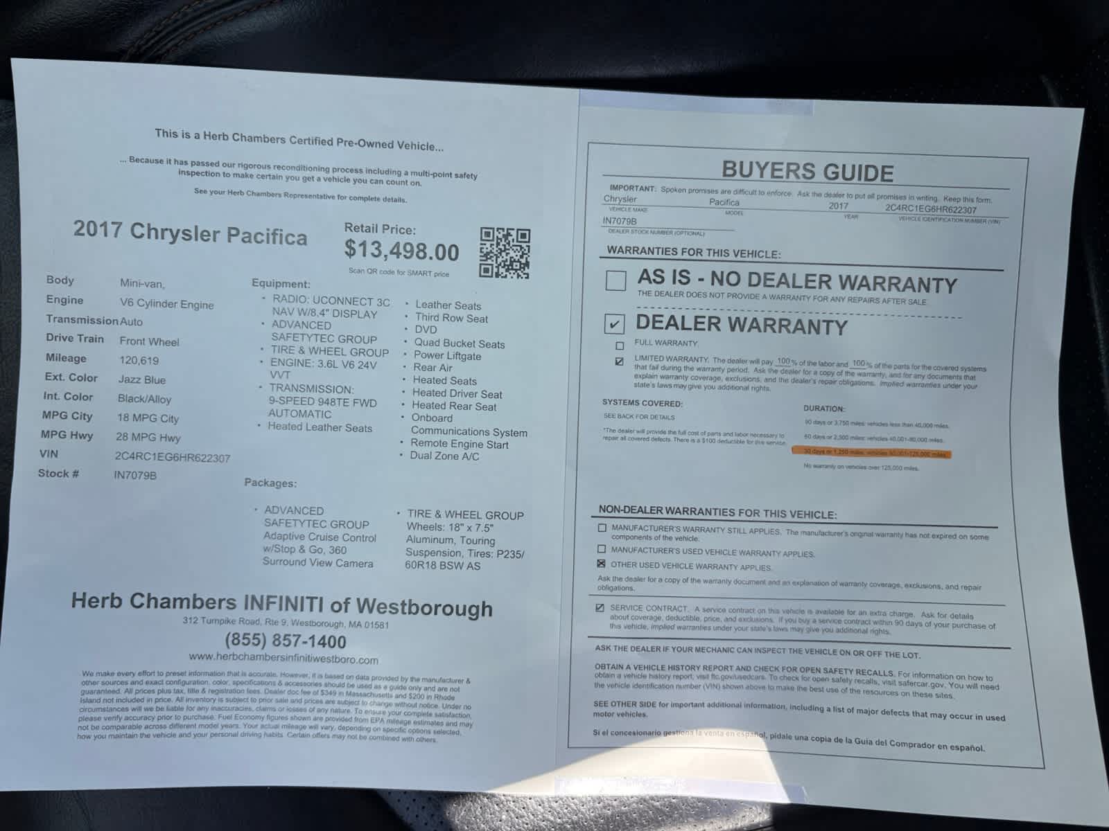 used 2017 Chrysler Pacifica car, priced at $13,498