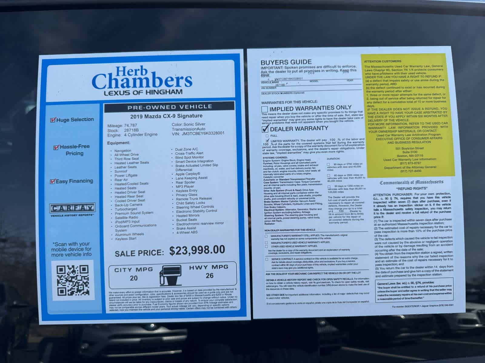 used 2019 Mazda CX-9 car, priced at $23,698