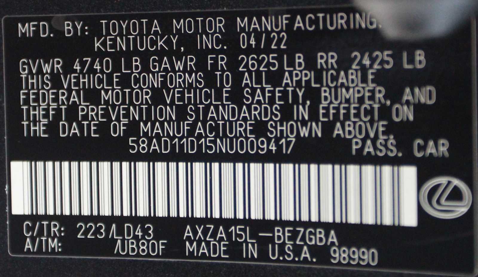 used 2022 Lexus ES 250 car, priced at $36,998