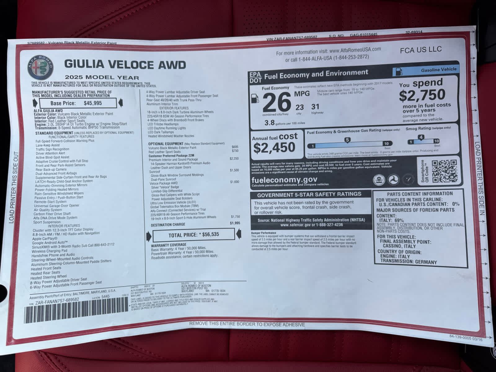 new 2025 Alfa Romeo Giulia car, priced at $56,535